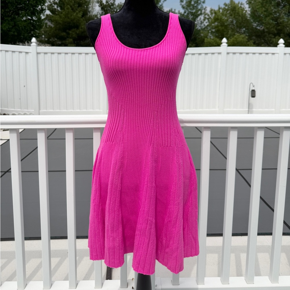Torn by Ronny Kobo Hot Pink Ribbed Knit Fit & Flare Dress Stretch Size Small